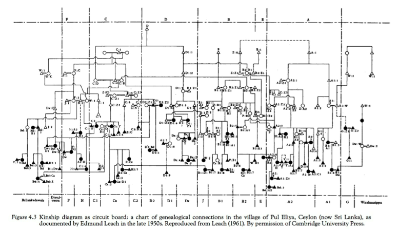 (Leach 1961, at Ingold 2007 112: Kinship Diagram as Circuit Board): “The lines of the kinship chart join up, they connect, but they are not lifelines or even storylines. It seems that what modern thought has done to place – fixing it to spatial locations – it has also done to people, wrapping their lives into temporal moments” (Ingold 2007: 3).